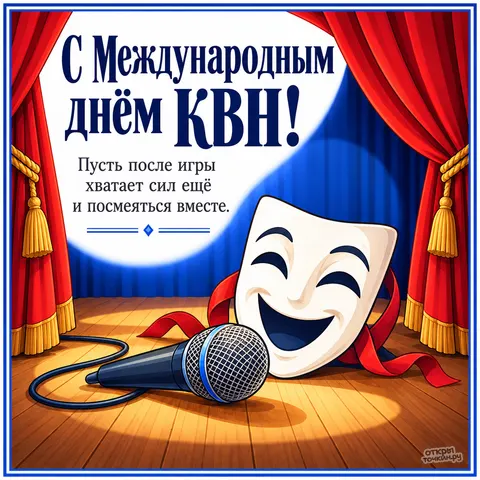 Открытка «Международный день КВН, микрофон и белая комедийная маска у кулис»