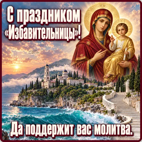 Открытка «Икона Избавительница, монастырь на скале у моря, с праздником иконы, да поддержит вас молитва» — Праздник иконы Божией Матери «Избавительница»