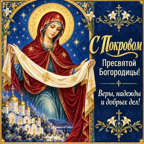 Открытка «Покров Богородицы под золотыми звёздами» — Покров Пресвятой Богородицы