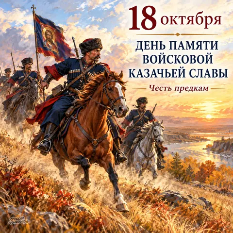 Открытка «День памяти войсковой казачьей славы, 18 октября, честь предкам, атака казаков на закате»