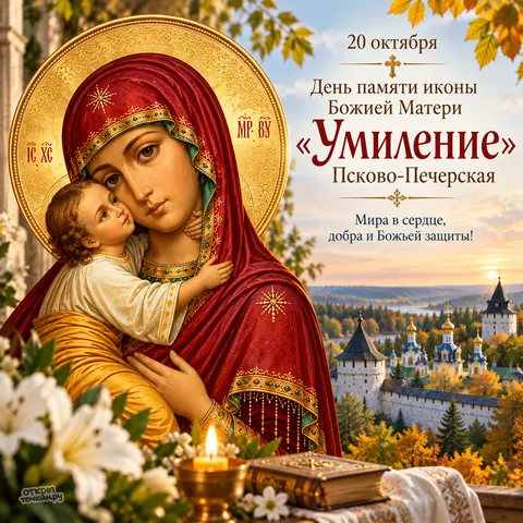 Открытка «Икона Умиление Псково-Печерская, двадцатое октября осенний монастырь и лилии» — Праздник Псково-Печерской иконы Божией Матери «Умиление»