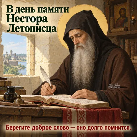 Открытка «День памяти преподобного Нестора Летописца, Нестор пишет в келье у окна с видом на город»