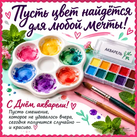 Открытка «Международный день акварели, палитра красок и кисти на столе»