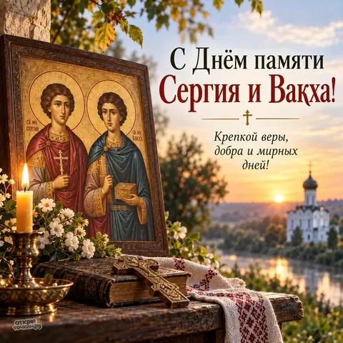 Открытка «День памяти Сергия и Вакха, икона святых со свечой у реки» — День памяти святых мучеников Сергия и Вакха