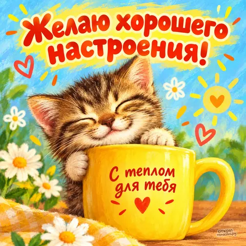 Открытка «Хорошего настроения, котёнок обнимает жёлтую кружку»