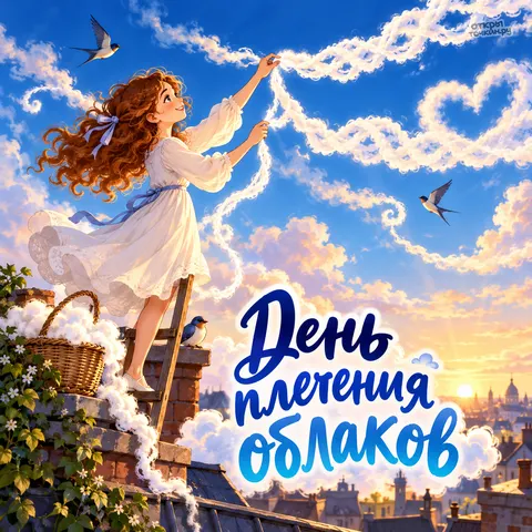 Открытка «День плетения облаков, девочка на крыше плетёт облачное сердце над городом»
