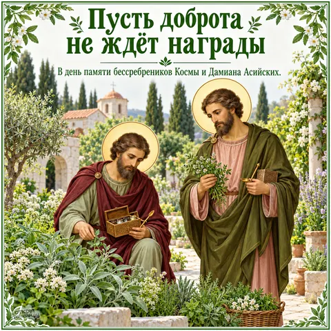 Открытка «День памяти Космы и Дамиана Асийских, бессребреники с травами в цветущем саду у храма»