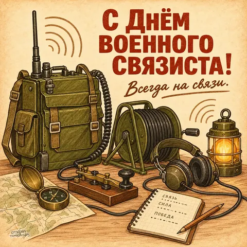 Открытка «День войск связи, полевое радио на столе» — День военного связиста