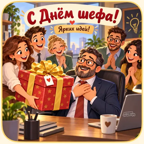 Открытка «С днём босса, лучших решений, планер и подарок на столе» — День шефа (День босса)