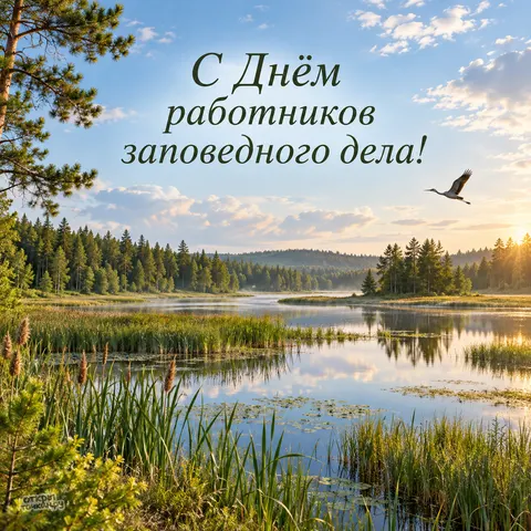 Открытка «День заповедного дела, лесное озеро с камышами и летящий аист на закате» — День работников заповедного дела