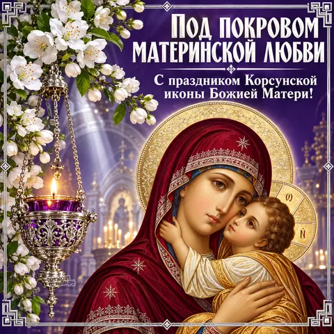Открытка «Корсунская икона Божией Матери, белые цветы, лампада, храм, под покровом материнской любви» — Праздник Корсунской иконы Божией Матери