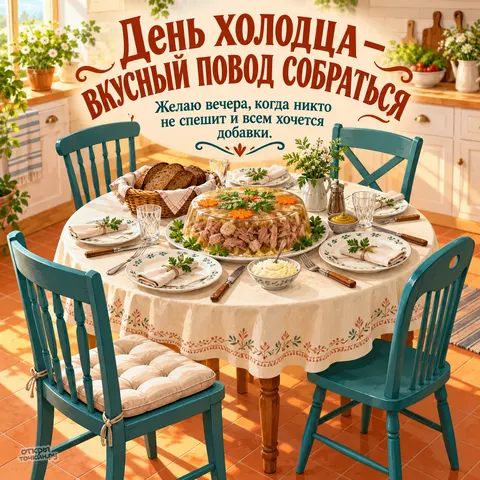 Открытка «День холодца, круглый семейный стол с холодцом»