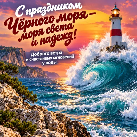 Открытка «День Чёрного моря, маяк на скалах, закат и большая волна, свет и надежда»