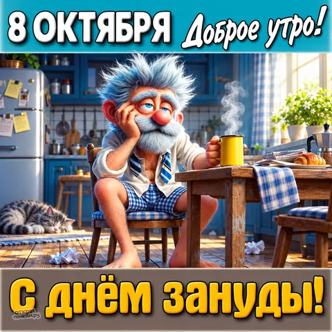 Открытка «Доброе утро 8 октября, сонный учёный с жёлтой кружкой» — День зануды