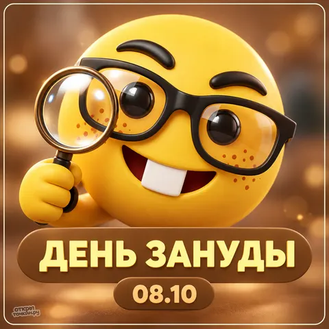 Открытка «День зануды, весёлый смайлик с лупой»