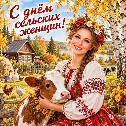 Открытка «С днём сельских женщин, девушка обнимает телёнка»
