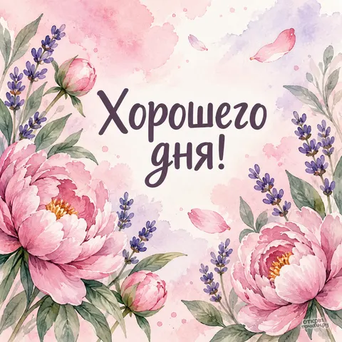 Открытка «Хорошего дня, розовые пионы и лаванда акварелью»