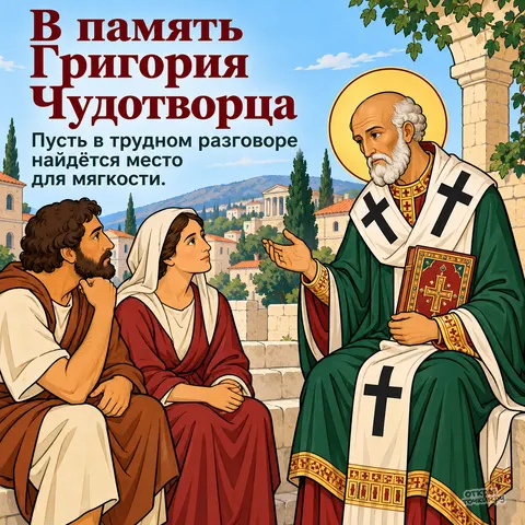Открытка «День памяти Григория Чудотворца, святитель беседует с парой на каменных ступенях»