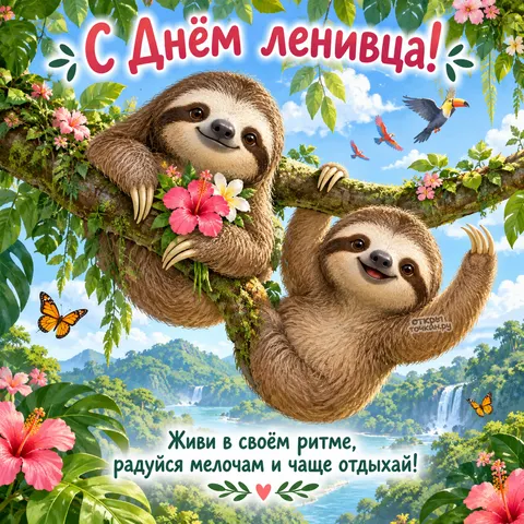 Открытка «Международный день ленивца, два ленивца на ветке в джунглях с водопадами»