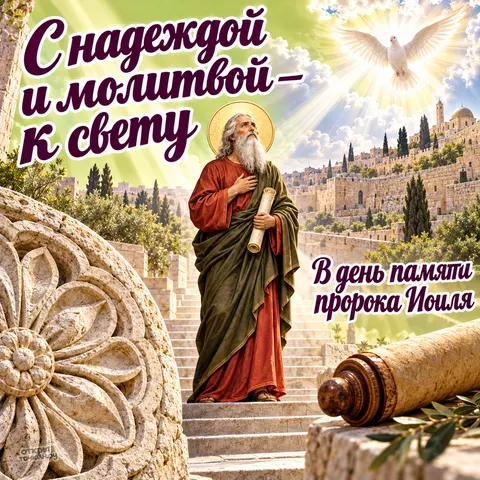 Открытка «День памяти пророка Иоиля, пророк на ступенях, белый голубь в лучах и каменная розетка, с надеждой и молитвой к свету» — День памяти святого пророка Иоиля