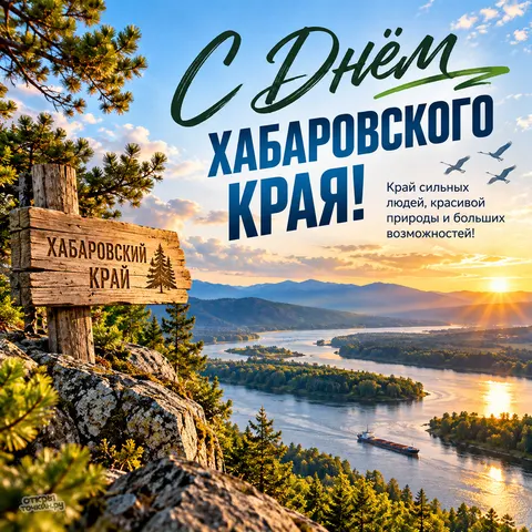 Открытка «День Хабаровского края, деревянный указатель на скале и река с баржой»