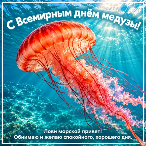 Открытка «Всемирный день медузы, красная медуза в солнечной воде лови морской привет»