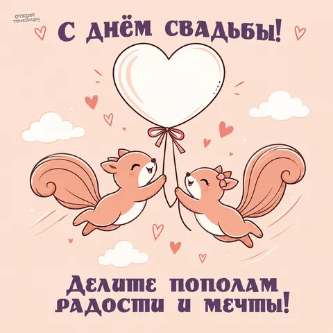 Открытка «С днём свадьбы, белки держатся за сердечный шар»