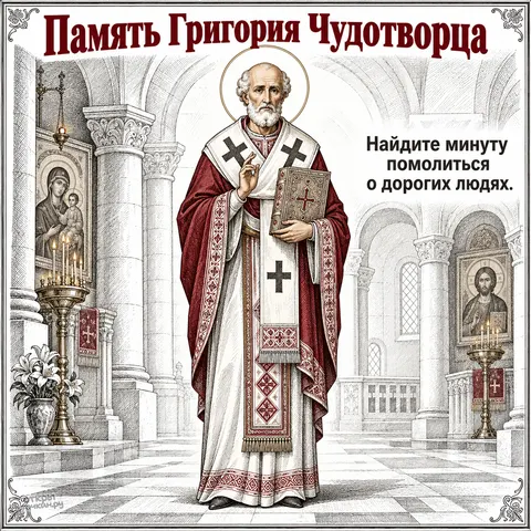 Открытка «День памяти Григория Чудотворца, образ святителя в храме между иконами и лилиями»