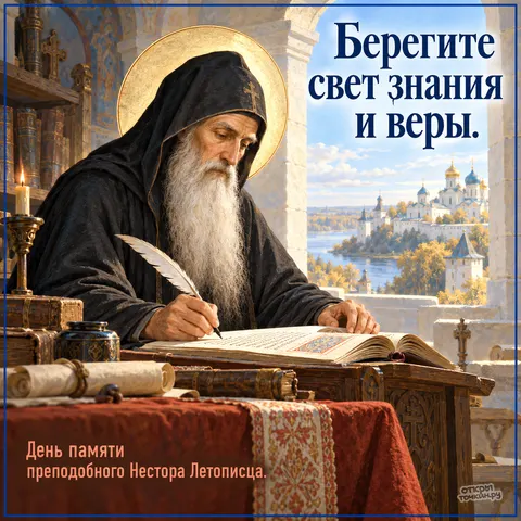 Открытка «День памяти преподобного Нестора Летописца, Нестор за письмом у окна с обителью над рекой»