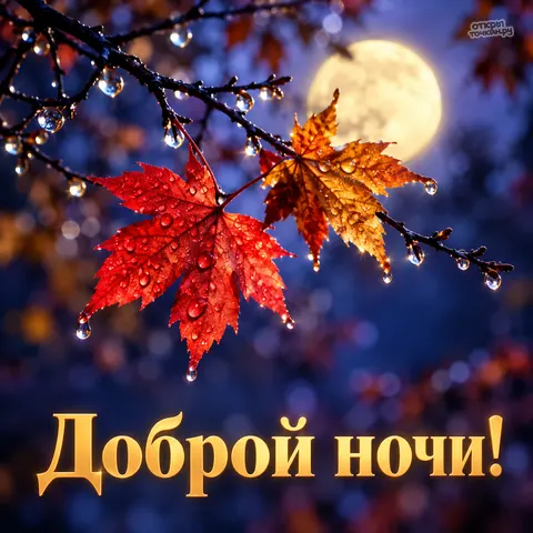 Открытка «Доброй ночи» — луна и мокрый кленовый лист