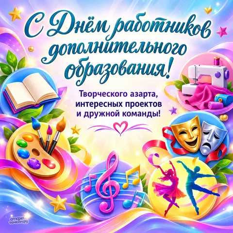 Открытка «С Днём работников дополнительного образования, музыка рукоделие и театр»