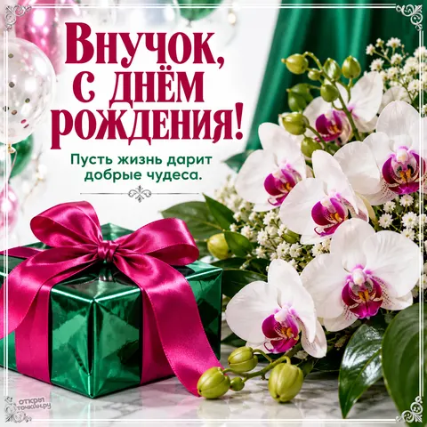 Открытка «С днём рождения, внуку, белые орхидеи и изумрудный праздничный подарок»