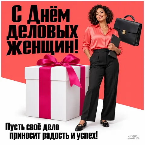 Открытка «День деловых женщин, розовая блуза подарок и портфель» — День деловых женщин в России