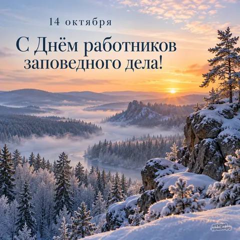 Открытка «День заповедного дела, зимний пейзаж с заснеженным лесом и рекой в тумане на рассвете» — День работников заповедного дела