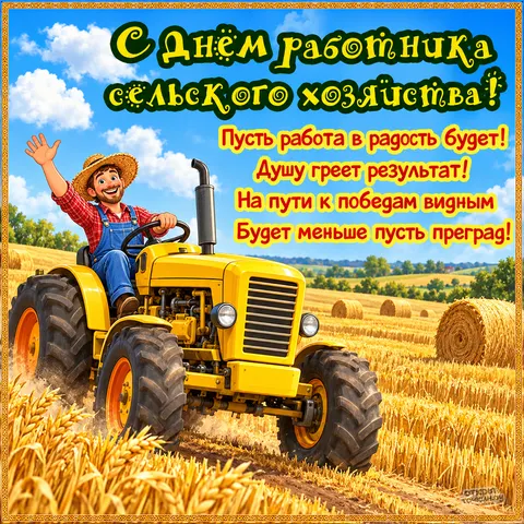 Открытка «День сельского хозяйства, весёлый тракторист и стихи в рамке» — День работника сельского хозяйства и перерабатывающей промышленности