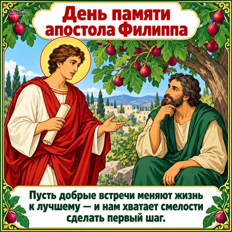 Открытка «День памяти апостола Филиппа, апостол Филипп и Натанаил под смоковницей»