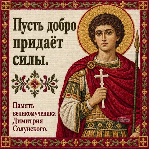 Открытка «День памяти великомученика Димитрия Солунского, вышитая икона Димитрия с копьём»