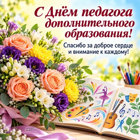 Открытка «С Днём педагога дополнительного образования, большой букет и открытая книга» — День работников дополнительного образования