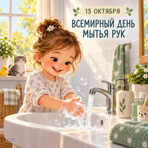 Открытка «Всемирный день мытья рук, девочка моет руки в ванной, котёнок на подоконнике»