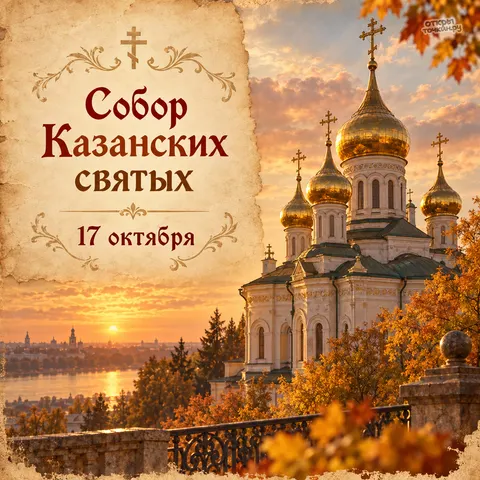 Открытка «Собор Казанских святых, 17 октября, храм с золотыми куполами на закате»