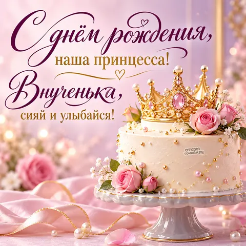 Открытка «День рождения» — Корона, розы и торт для внучки