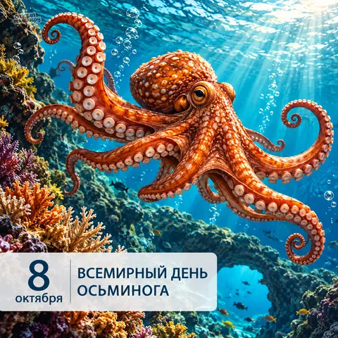 Открытка «Всемирный день осьминога, медный осьминог над коралловой аркой»
