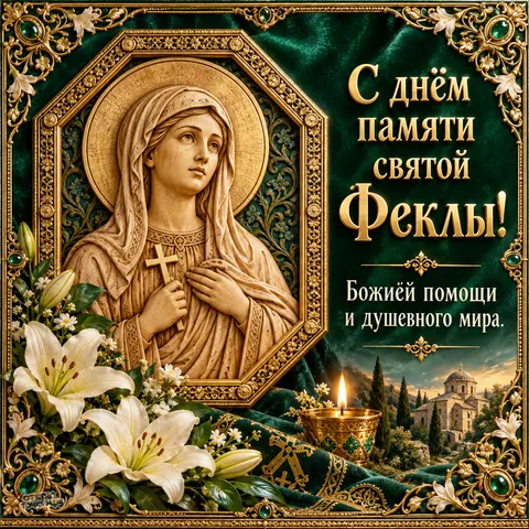 Открытка «С днём святой Феклы, резная икона на зелёном бархате» — Равноапостольная Фекла Иконийская