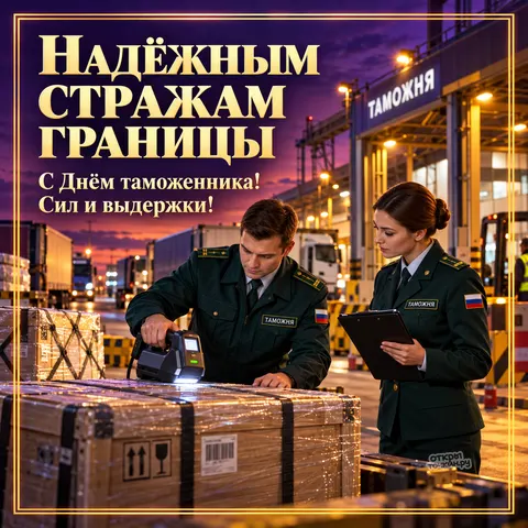 Открытка «День таможенника, пара досматривает груз, сканер, планшет и фуры на закате» — День таможенника Российской Федерации