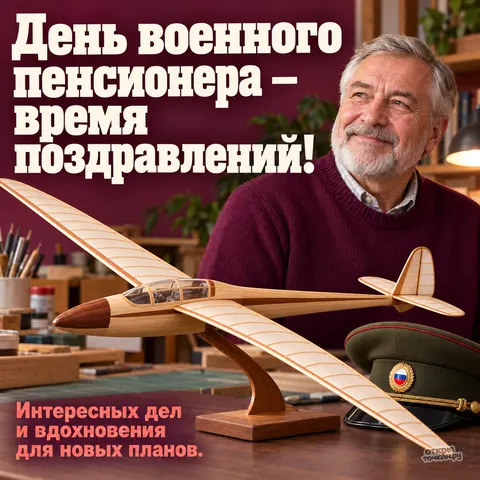 Открытка «День военного пенсионера, модель планера в мастерской, фуражка на столе»