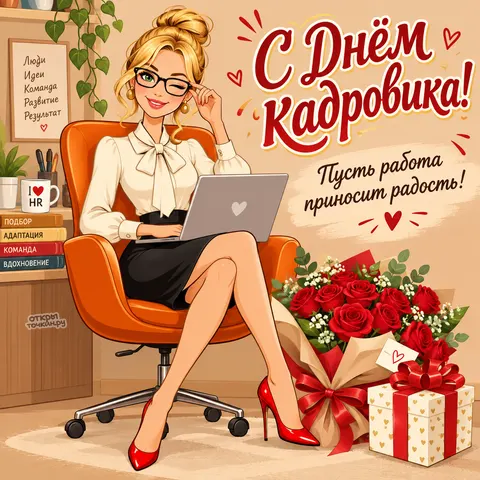 Открытка «С днём кадровика, блондинка в красных туфлях» — День кадрового работника в России