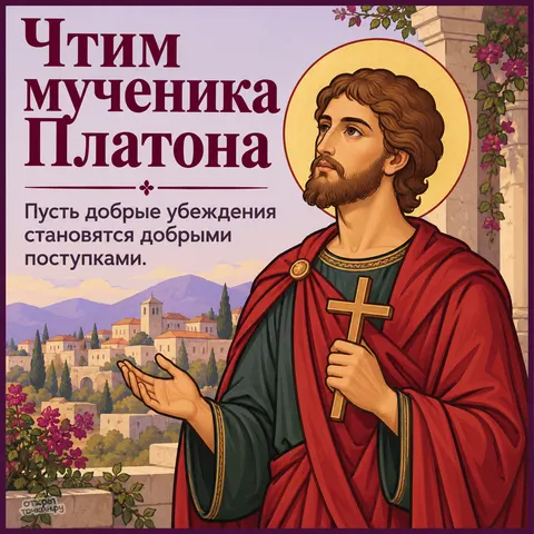 Открытка «День памяти мученика Платона, икона с крестом у средиземноморского города»