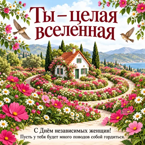Открытка «День независимых гордых и одиноких женщин, Дом в цветущем саду у моря»