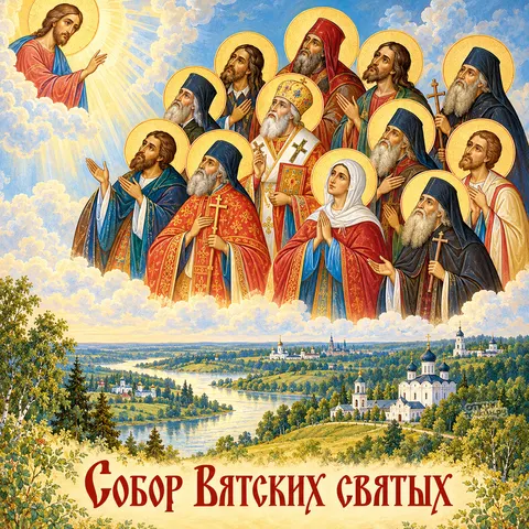 Открытка «Собор Вятских святых, благословение Христом собора святых над рекой»