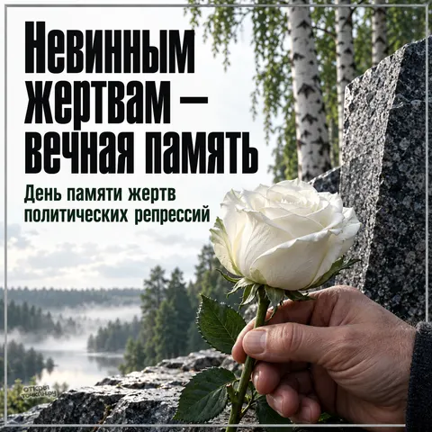 Открытка «День памяти жертв политических репрессий, белая роза в руке у гранитной стелы и березы на туманной реке»